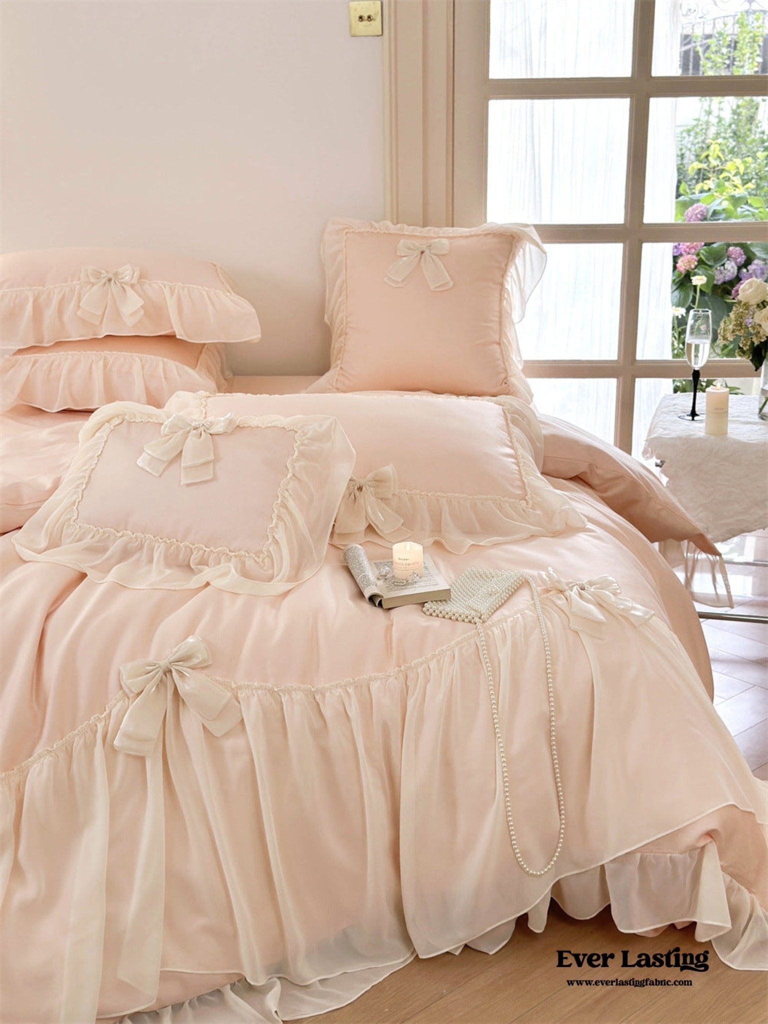  - Ever Lasting - Ribbon Bow Airy Lace Bedding Set / Baby Pink - Bedding Set - Ever Lasting