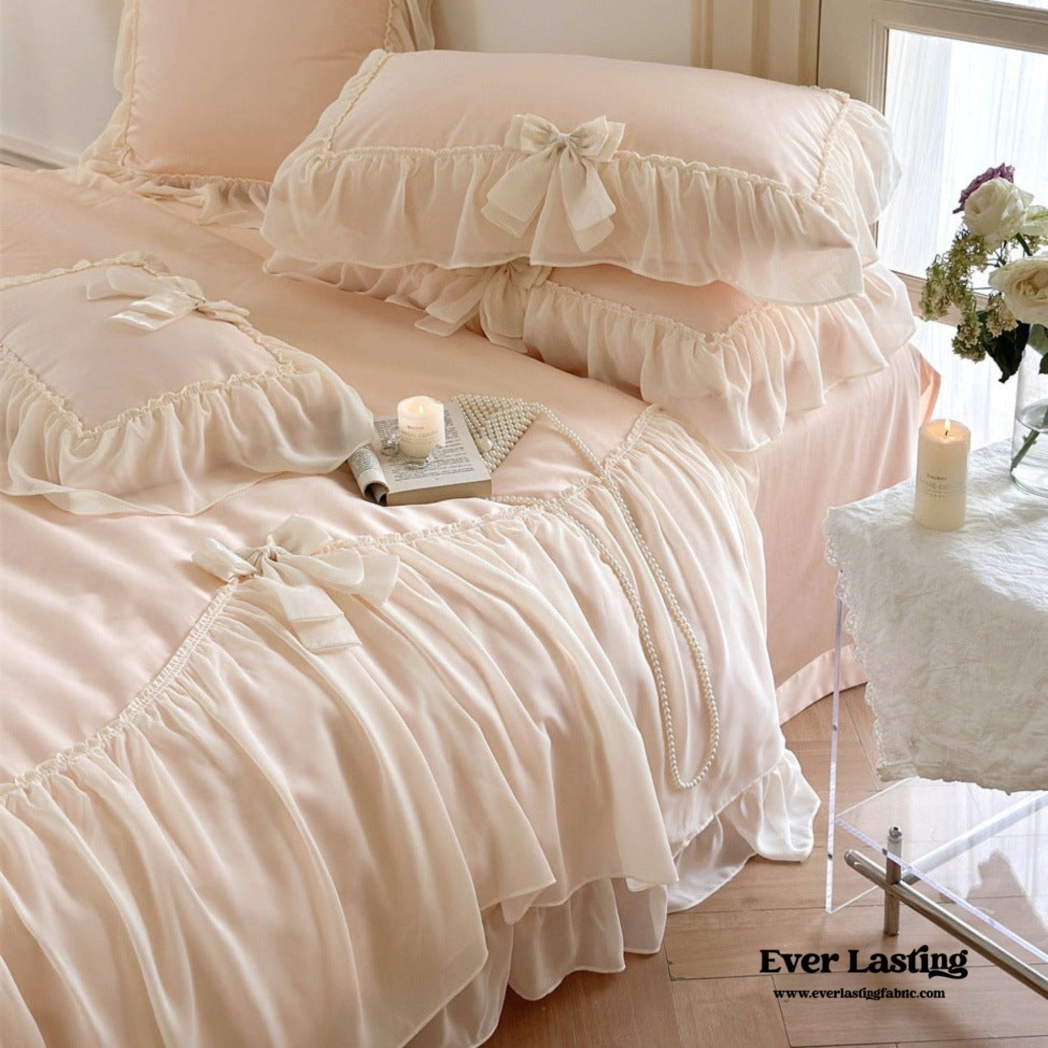 Ribbon Bow Airy Lace Bedding Set / Blue - Ever Lasting