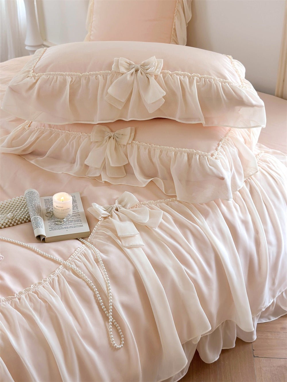  - Ever Lasting - Ribbon Bow Airy Lace Bedding Set / Cream White - Bedding Set - Ever Lasting