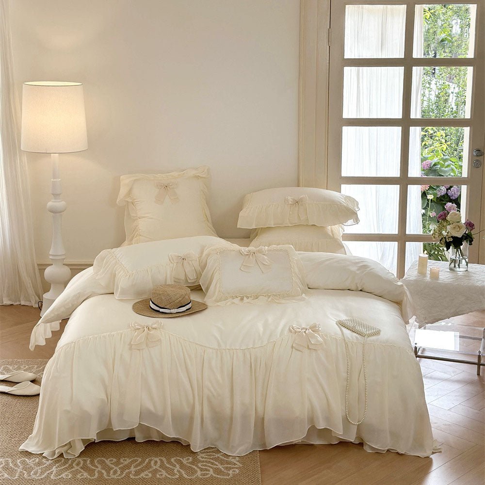  - Ever Lasting - Ribbon Bow Airy Lace Bedding Set / Cream White - Bedding Set - Ever Lasting