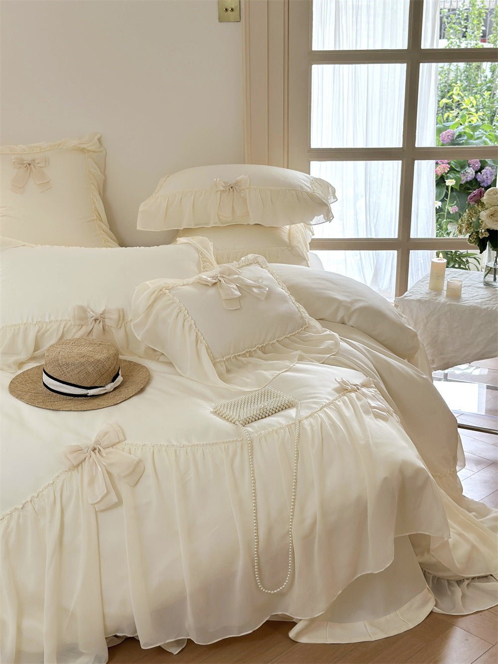 - Ever Lasting - Ribbon Bow Airy Lace Bedding Set / Cream White - Bedding Set - Ever Lasting