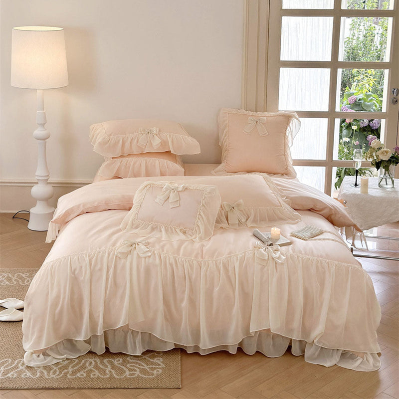 Ribbon Bow Airy Lace Bedding Set / Cream White Pink Small/Medium Flat