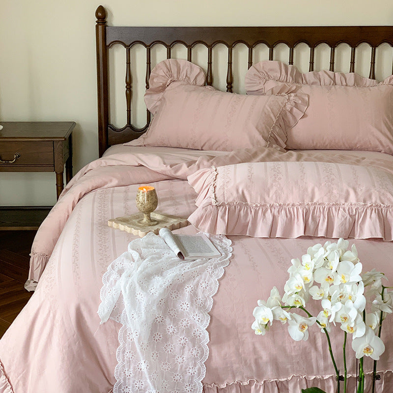 Romantic Floral Warm Tone Bedding Set / Cream White Pink Medium Fitted