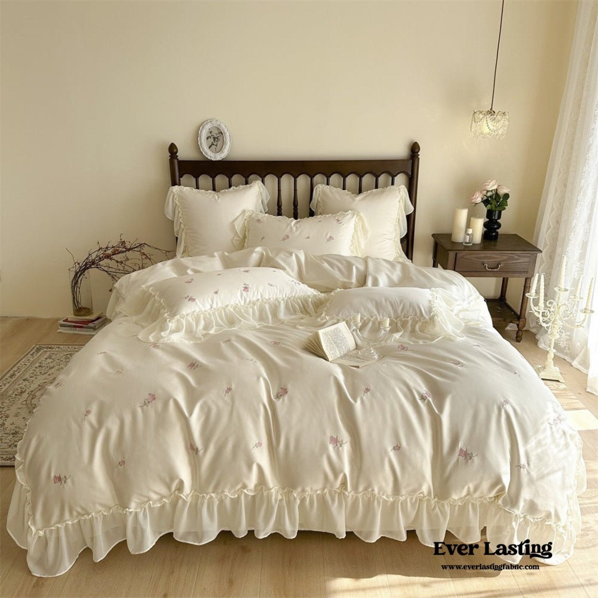 Rosalie Embroidered Cotton Ruffle Bedding Set / Pink Blush - Ever Lasting