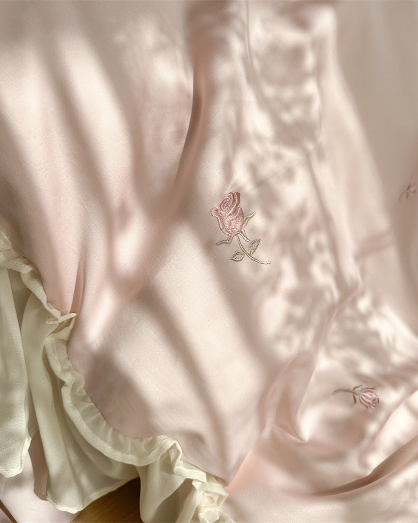 Rosalie Embroidered Cotton Ruffle Bedding Set / Pink Blush - Ever Lasting