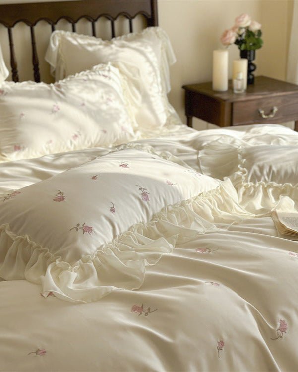 Rosalie Embroidered Cotton Ruffle Bedding Set / Pink Blush - Ever Lasting