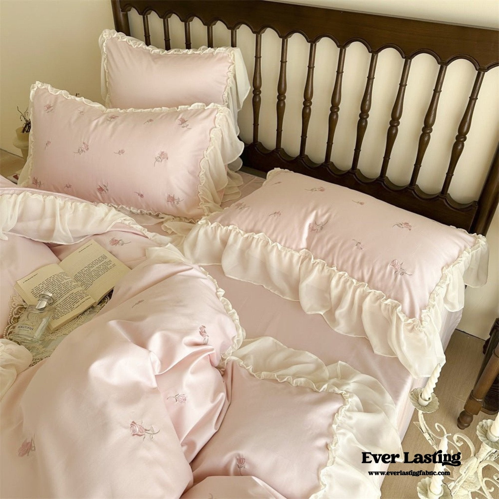 Rosalie Embroidered Cotton Ruffle Bedding Set / Pink Blush - Ever Lasting
