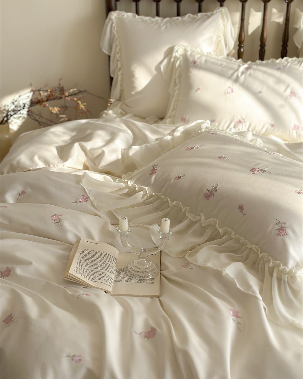 Rosalie Embroidered Cotton Ruffle Bedding Set / Pink Blush - Ever Lasting