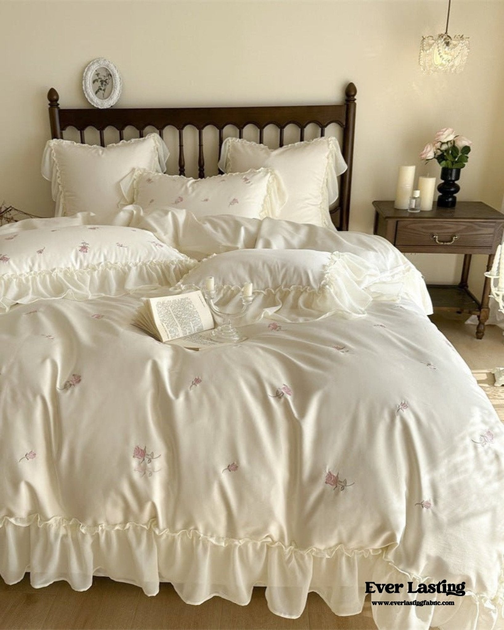 Rosalie Embroidered Cotton Ruffle Bedding Set / Pink Blush - Ever Lasting