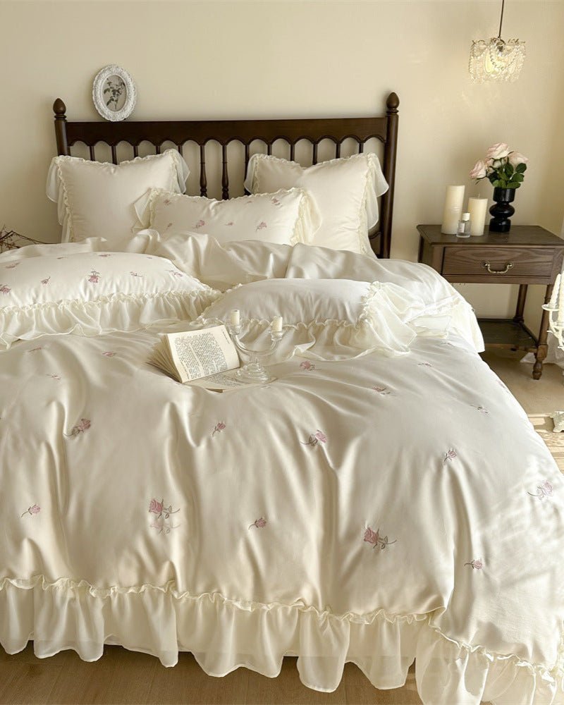 Rosalie Embroidered Cotton Ruffle Bedding Set / Pink Blush - Ever Lasting