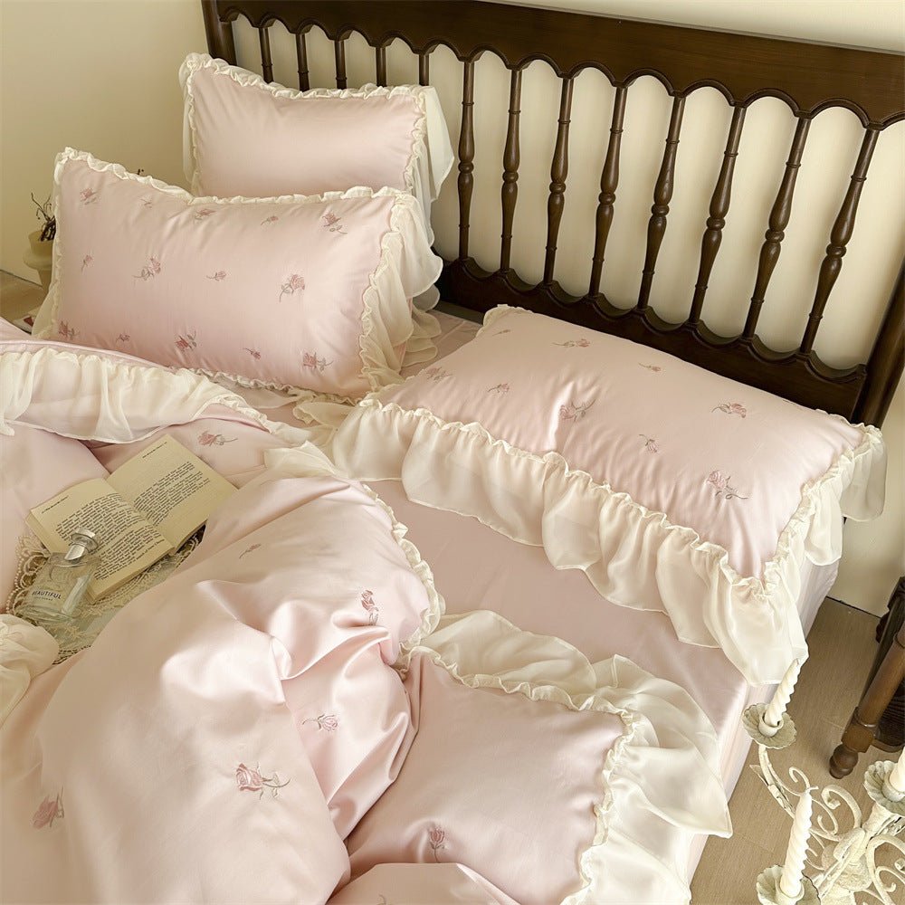 Rosalie Embroidered Cotton Ruffle Bedding Set / Pink Blush - Ever Lasting