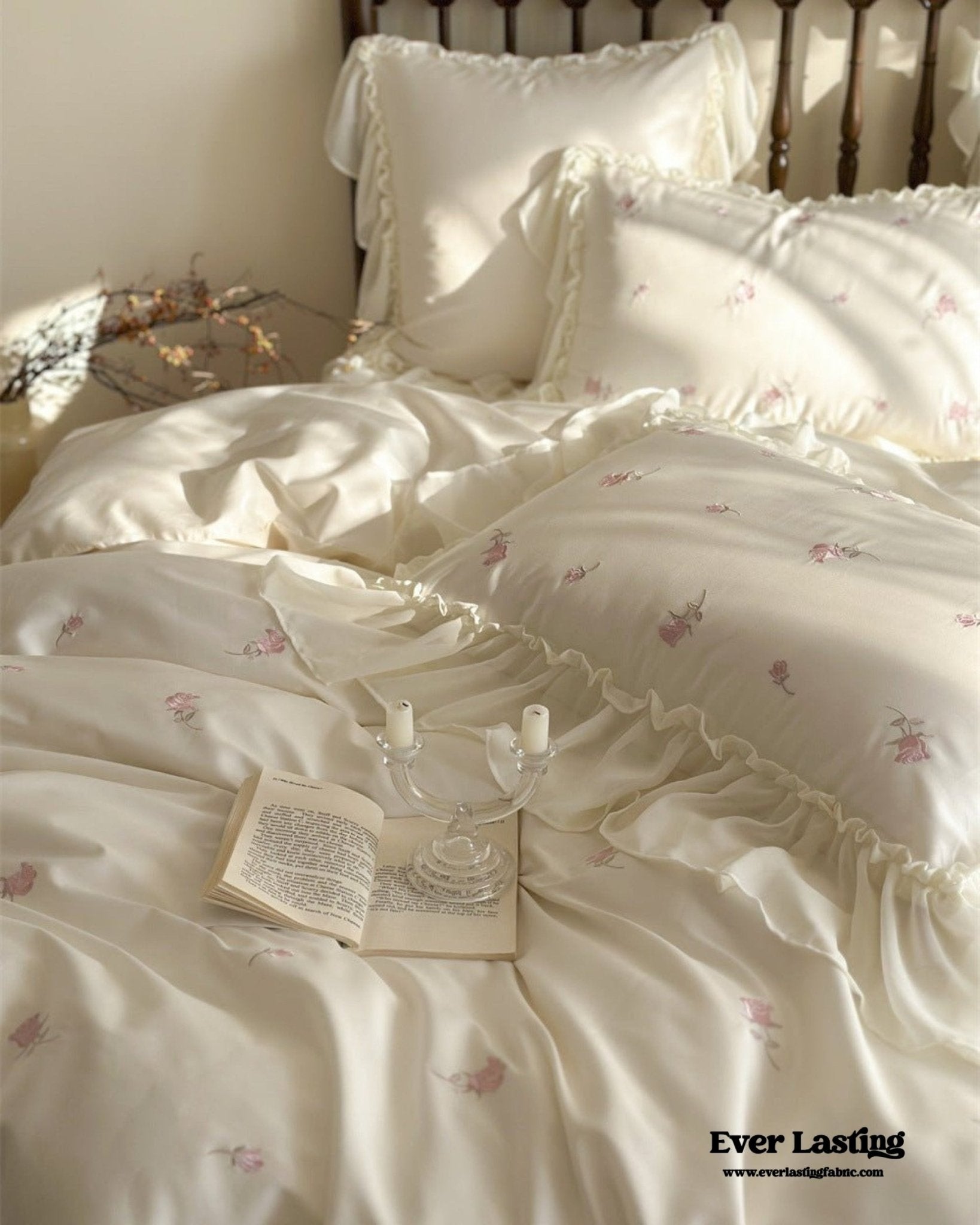 Rosalie Embroidered Cotton Ruffle Bedding Set / Pink Blush - Ever Lasting