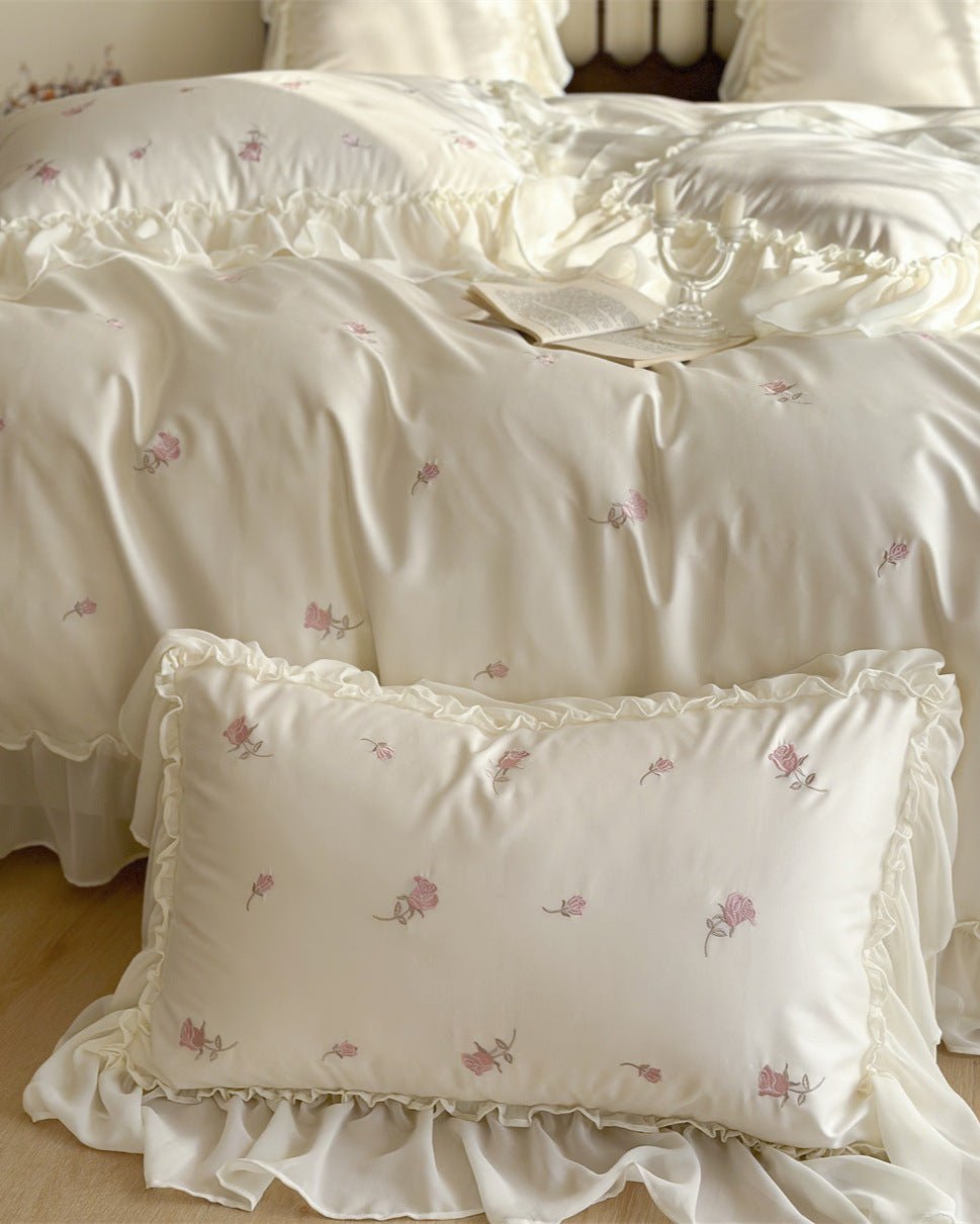 Rosalie Embroidered Cotton Ruffle Bedding Set / Pink Blush - Ever Lasting