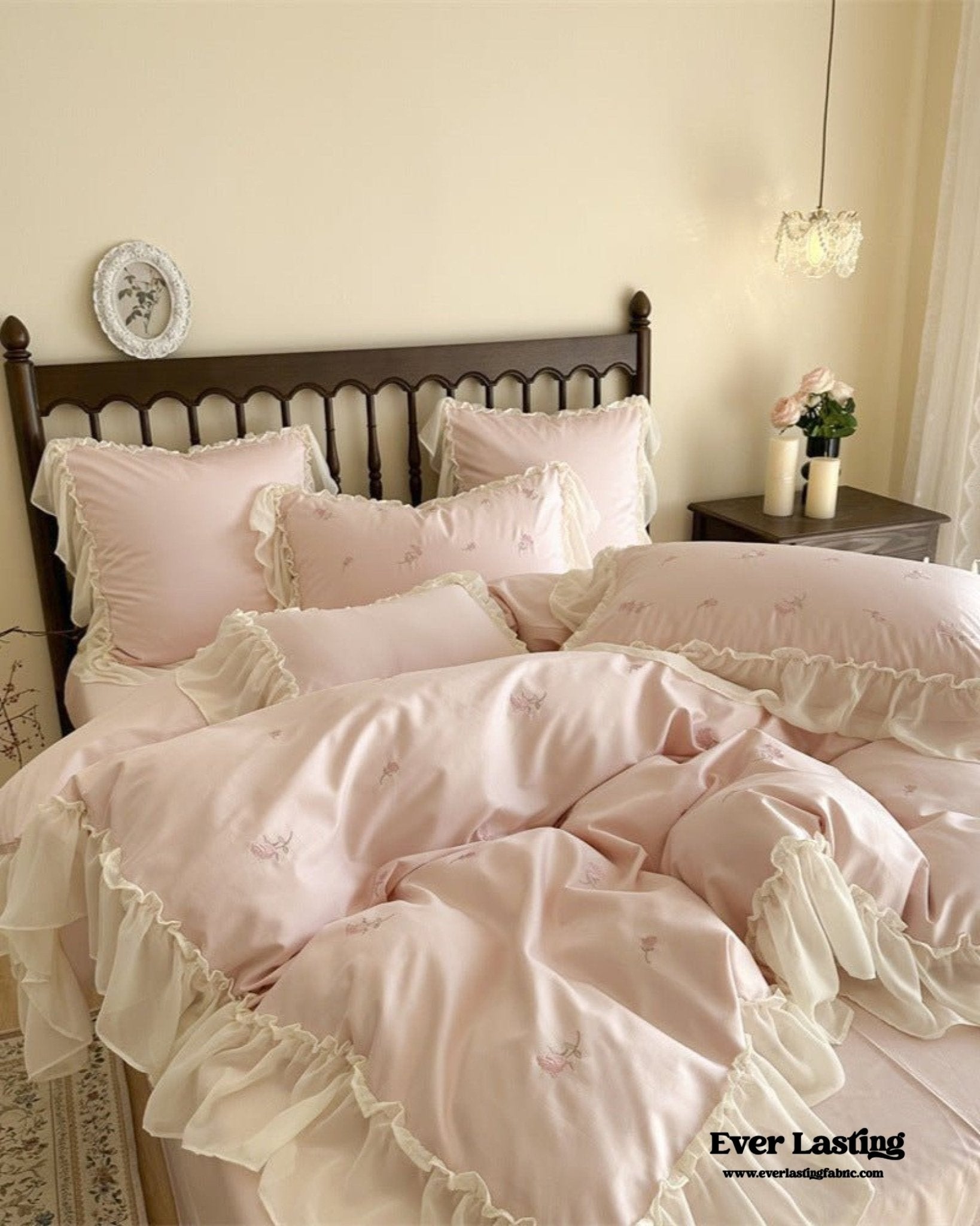 Rosalie Embroidered Cotton Ruffle Bedding Set / Pink Blush - Ever Lasting
