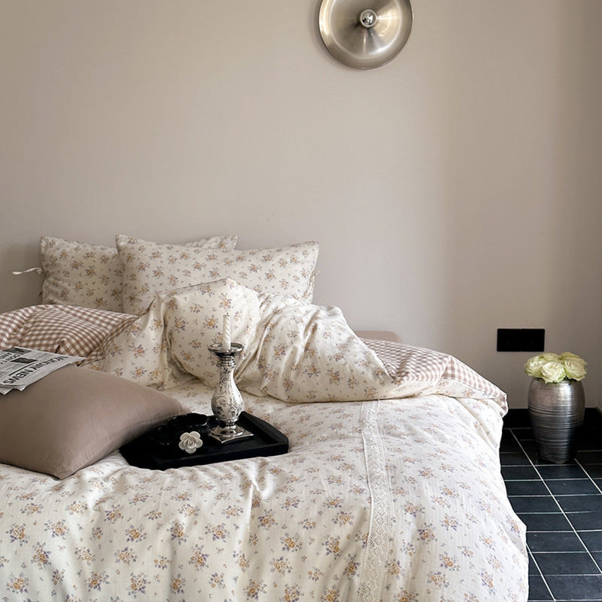 Rosalie Floral Lace Gingham Bedding Set / Pink - Ever Lasting