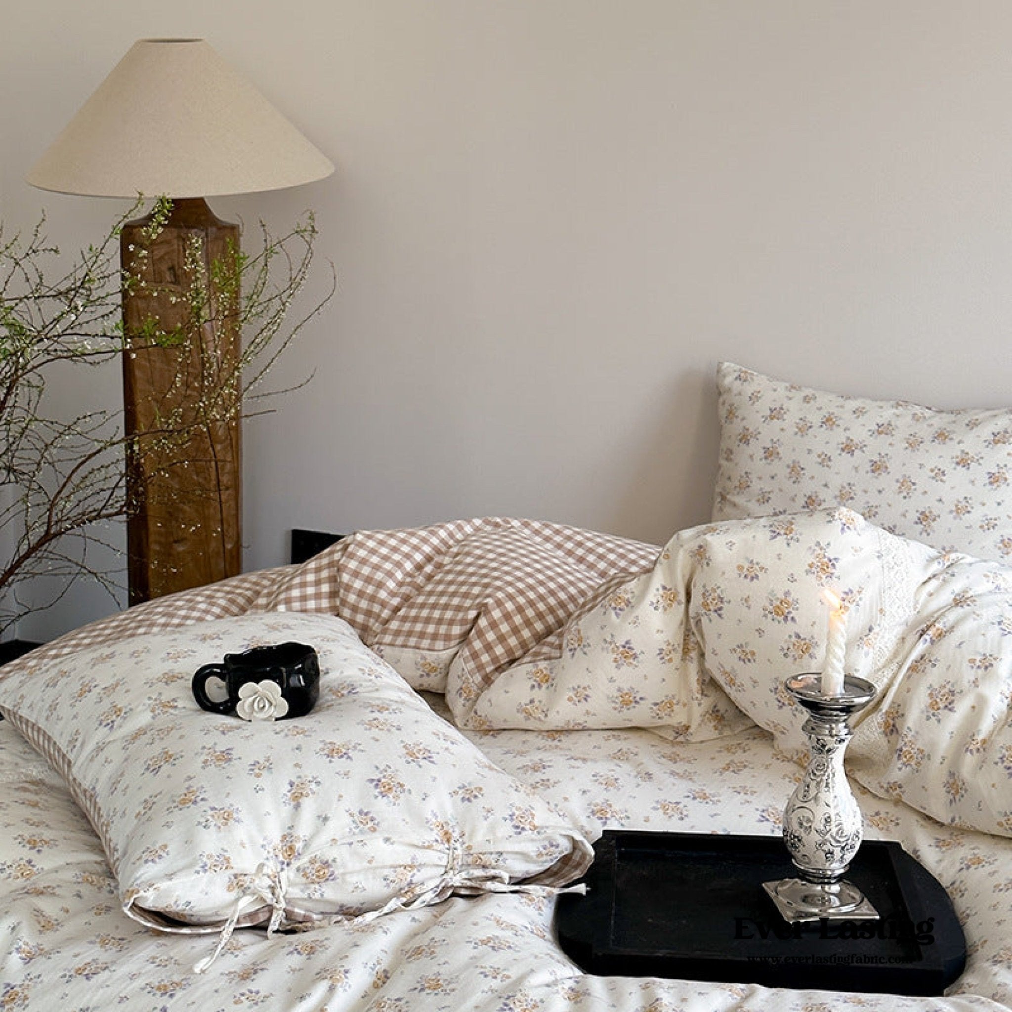 Rosalie Floral Lace Gingham Bedding Set / Pink - Ever Lasting