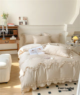 Rose Lace Embroidered Ruffle Bedding Set / Custard Beige