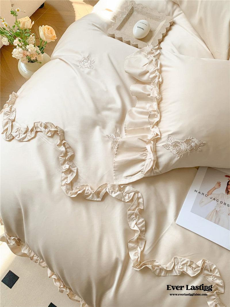 Rose Lace Embroidered Ruffle Bedding Set / Custard Beige
