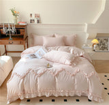 Rose Lace Embroidered Ruffle Bedding Set / Custard Beige Pink Medium Fitted