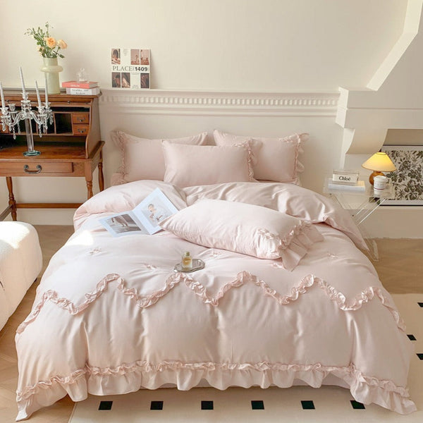 Rose Lace Embroidered Ruffle Bedding Set / Pastel Pink Medium Fitted