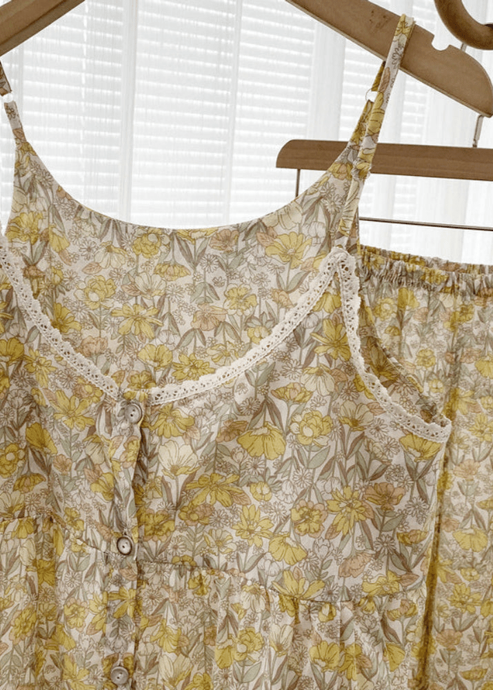 Rosie Cotton Floral Tank Pajama Set / Yellow - Ever Lasting