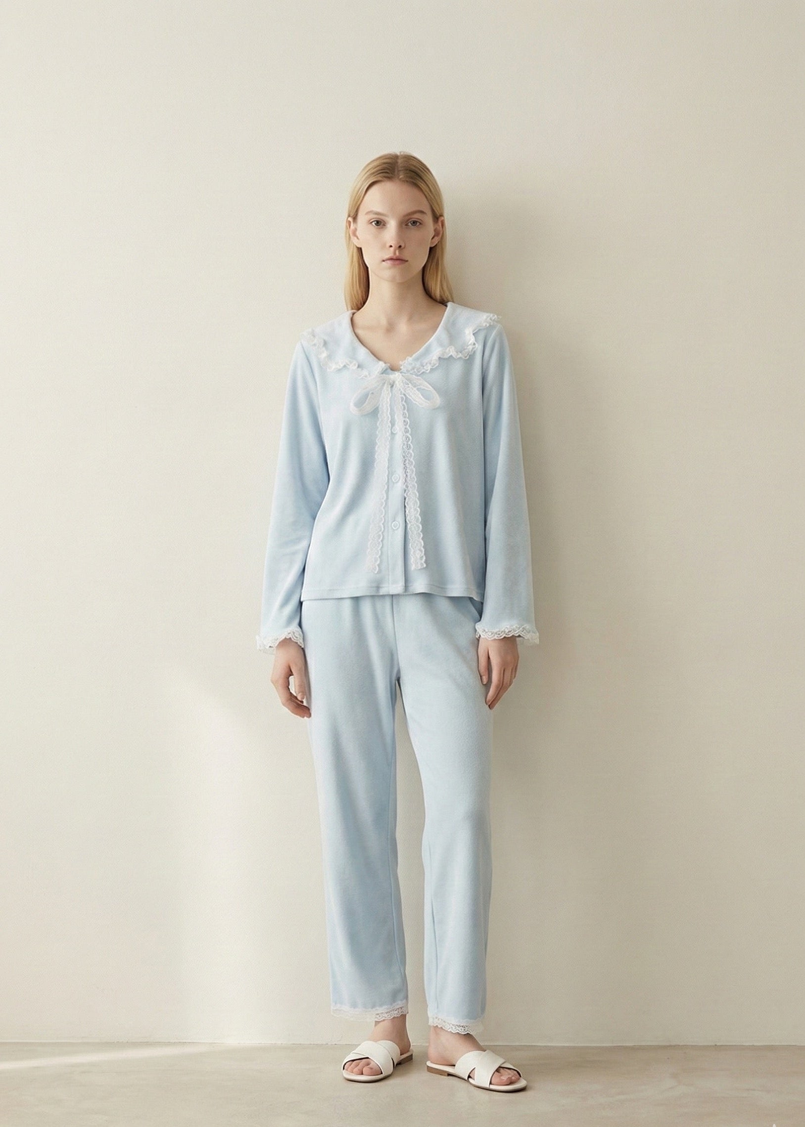  - Ever Lasting - Rosy Velvet Coquette Lace Pajama Set / Blue - Pajamas - Ever Lasting