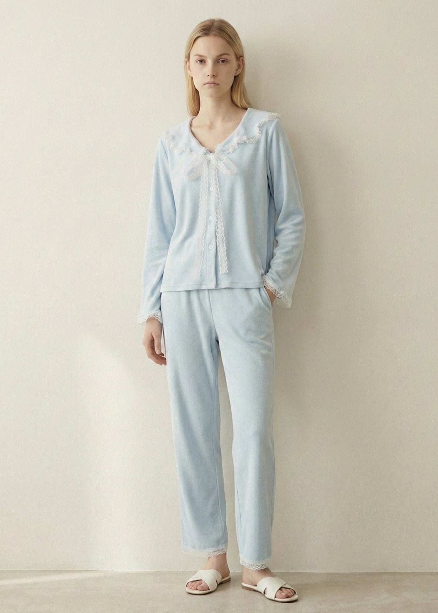  - Ever Lasting - Rosy Velvet Coquette Lace Pajama Set / Blue - Pajamas - Ever Lasting