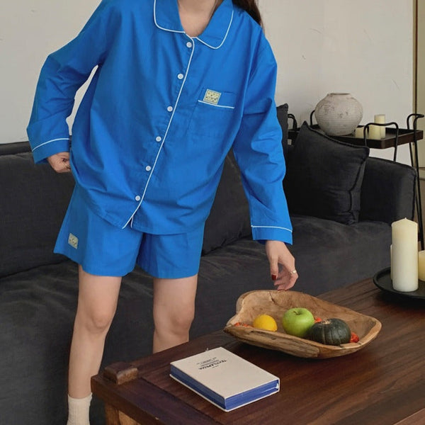 Royal Blue Long Sleeves And Shorts Pajama Set Pajamas