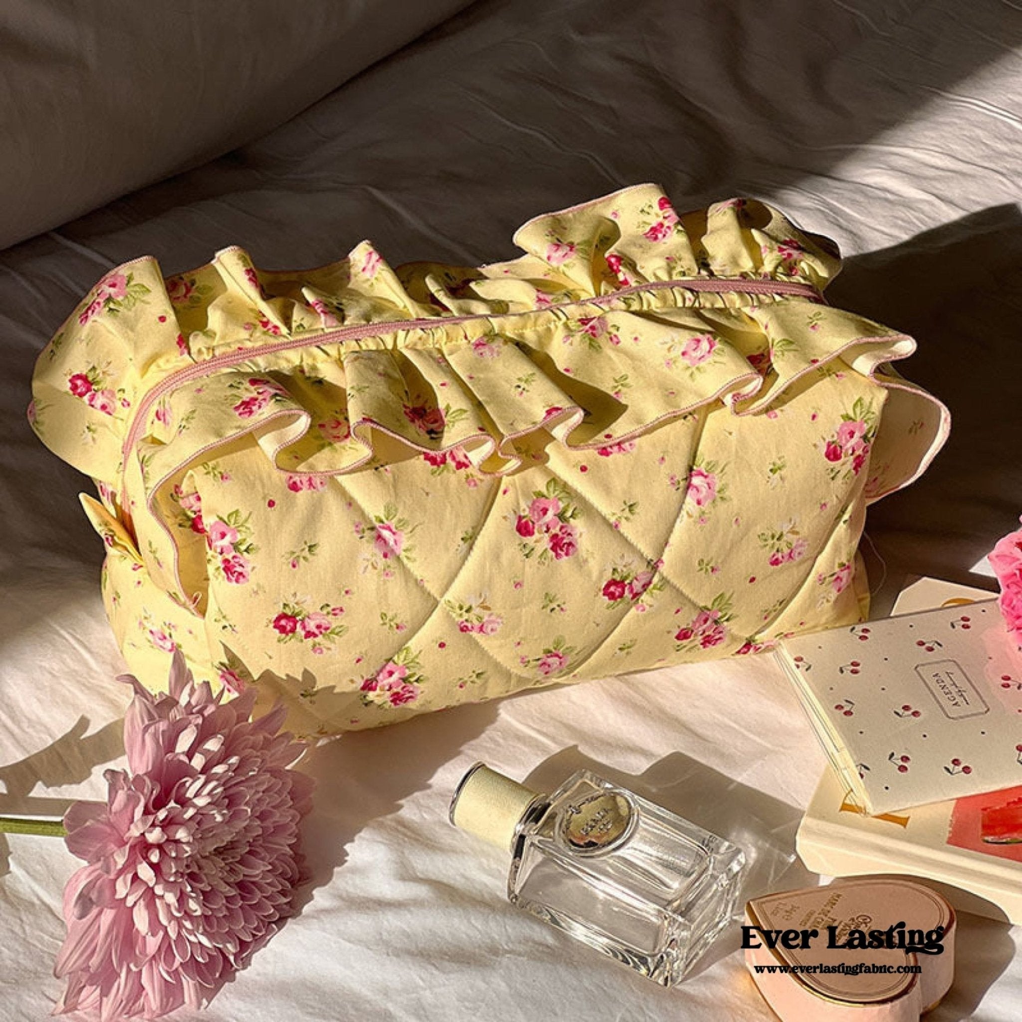 Ruffle Floral Cotton Makeup Bag - Ever Lasting