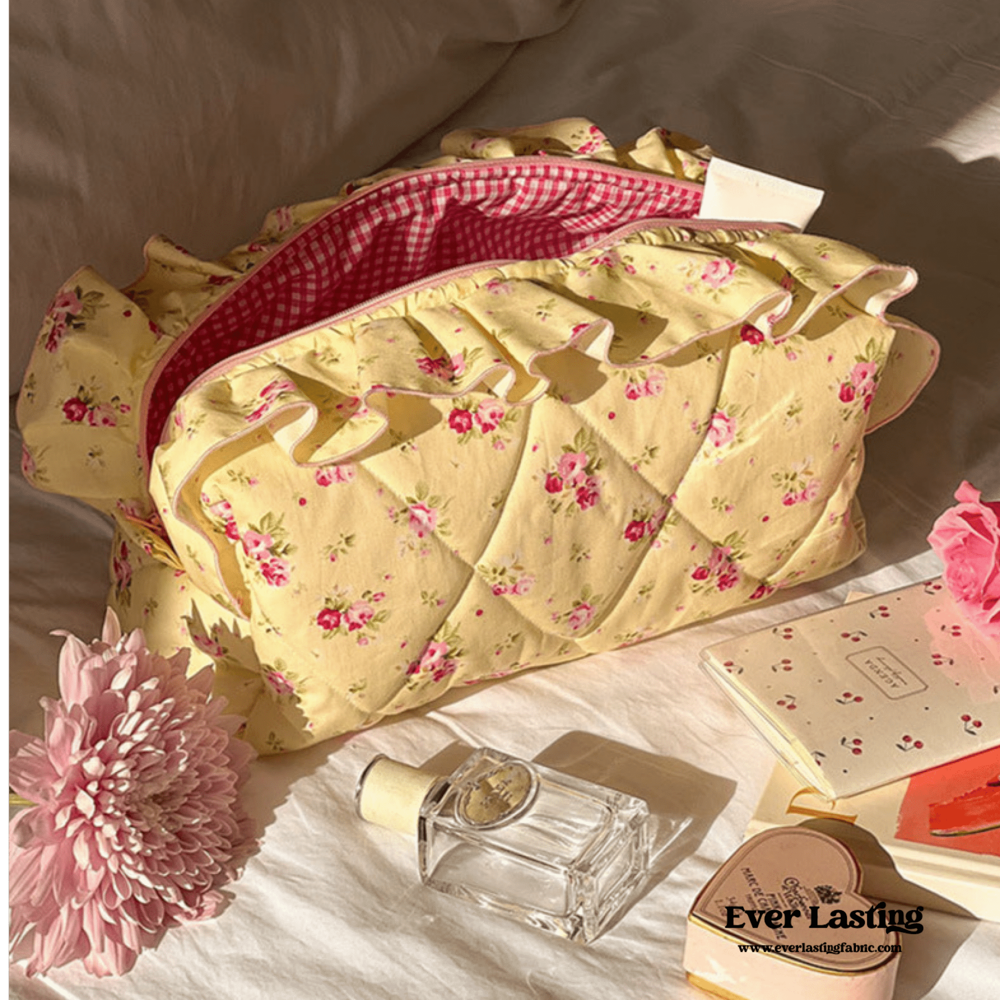 Ruffle Floral Cotton Makeup Bag - Ever Lasting