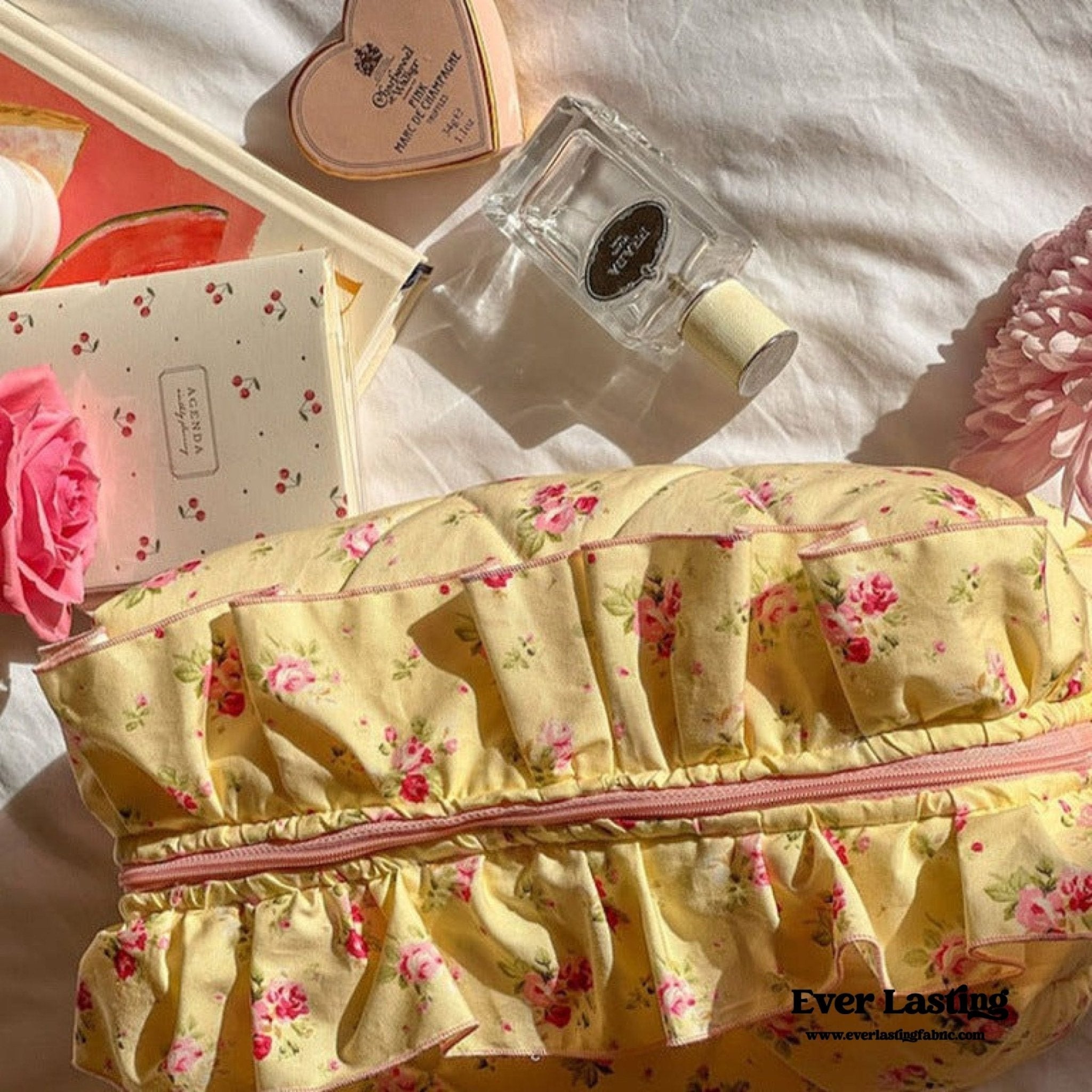 Ruffle Floral Cotton Makeup Bag - Ever Lasting