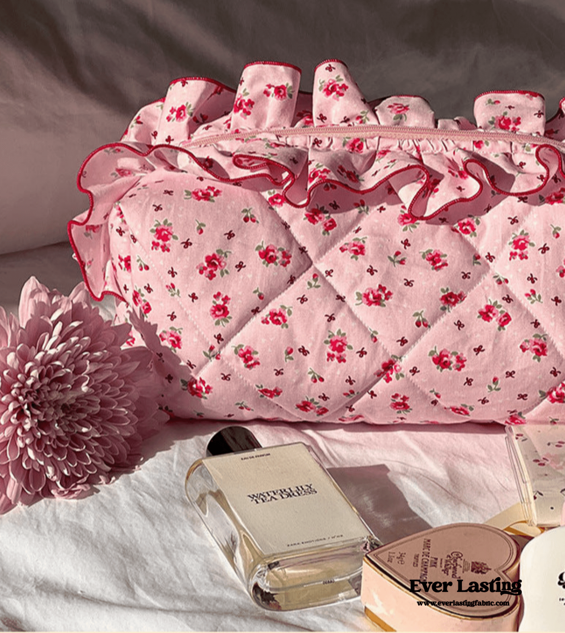 Ruffle Floral Cotton Makeup Bag - Ever Lasting