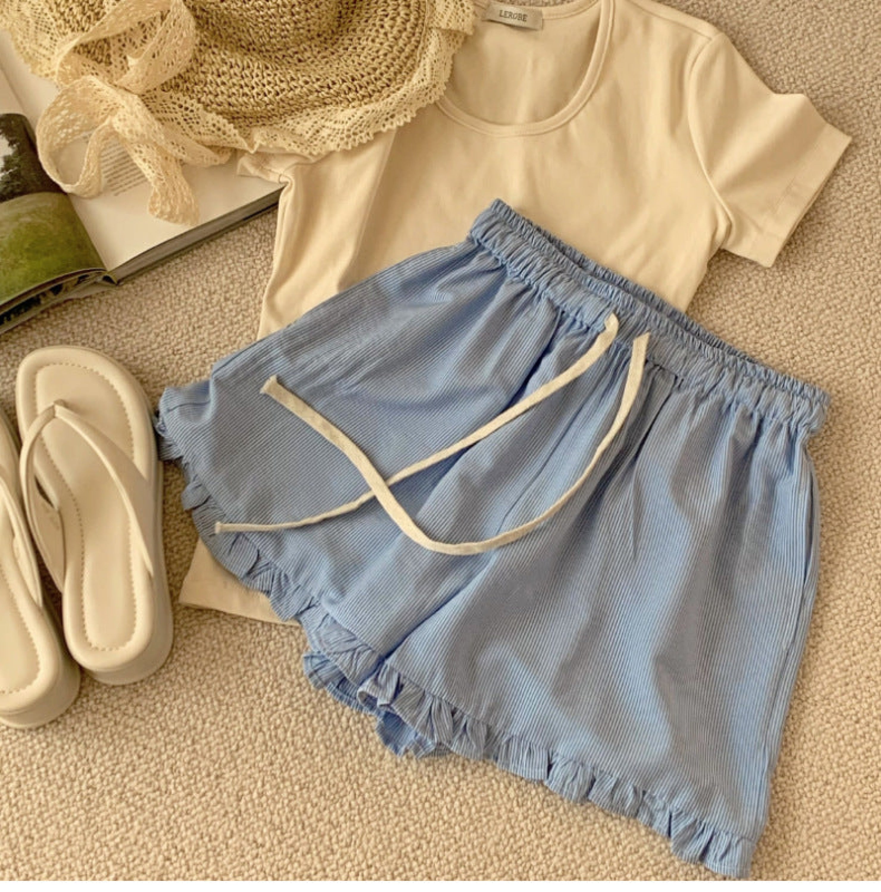 Ruffle Thin Stripes Shorts Lounge Bottoms / Light Blue Dark Pajamas