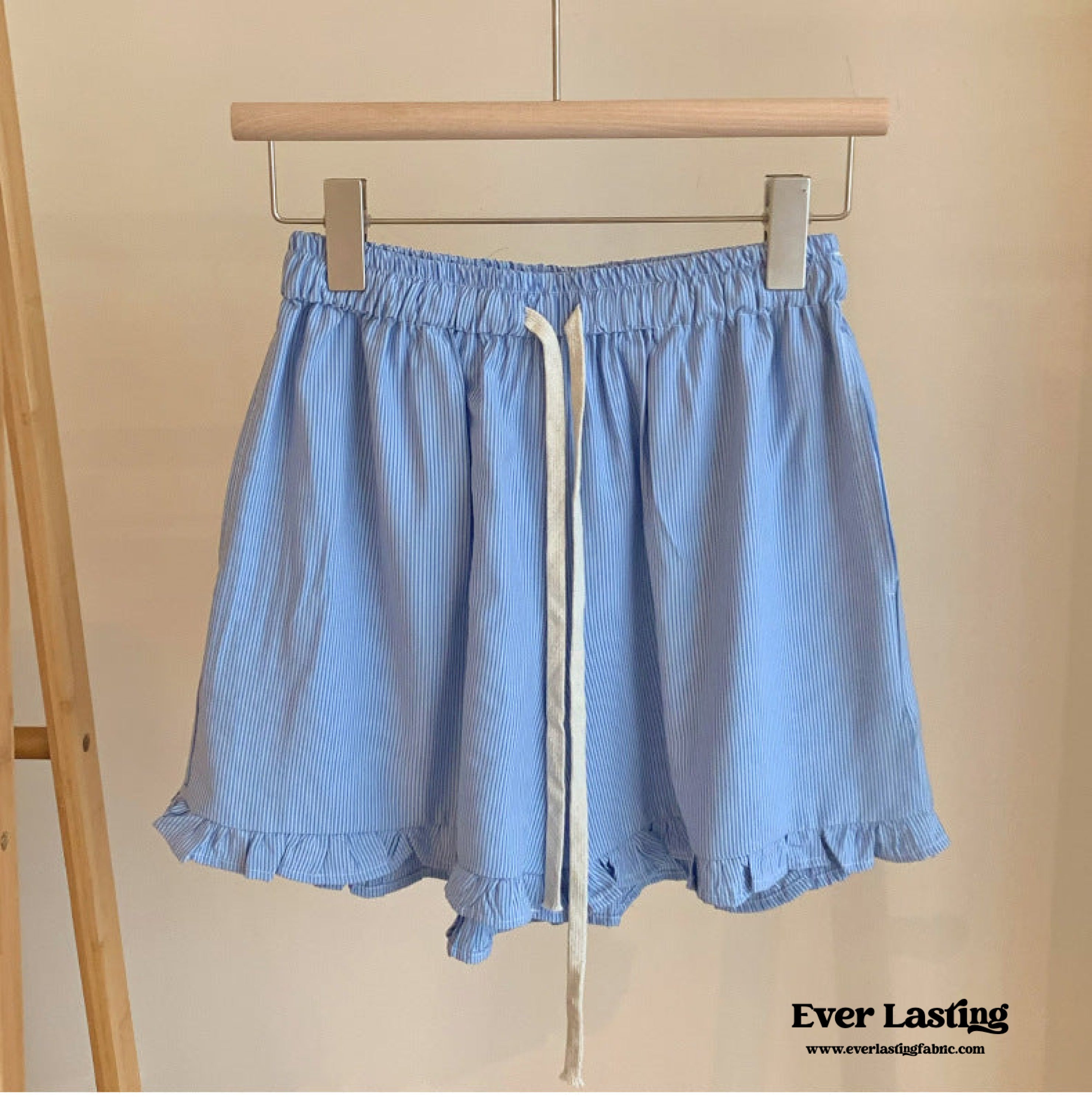 Ruffle Thin Stripes Shorts Lounge Bottoms / Light Blue Pajamas