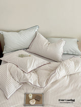 Scandinavian Overlock Striped Bedding Set / White + Green