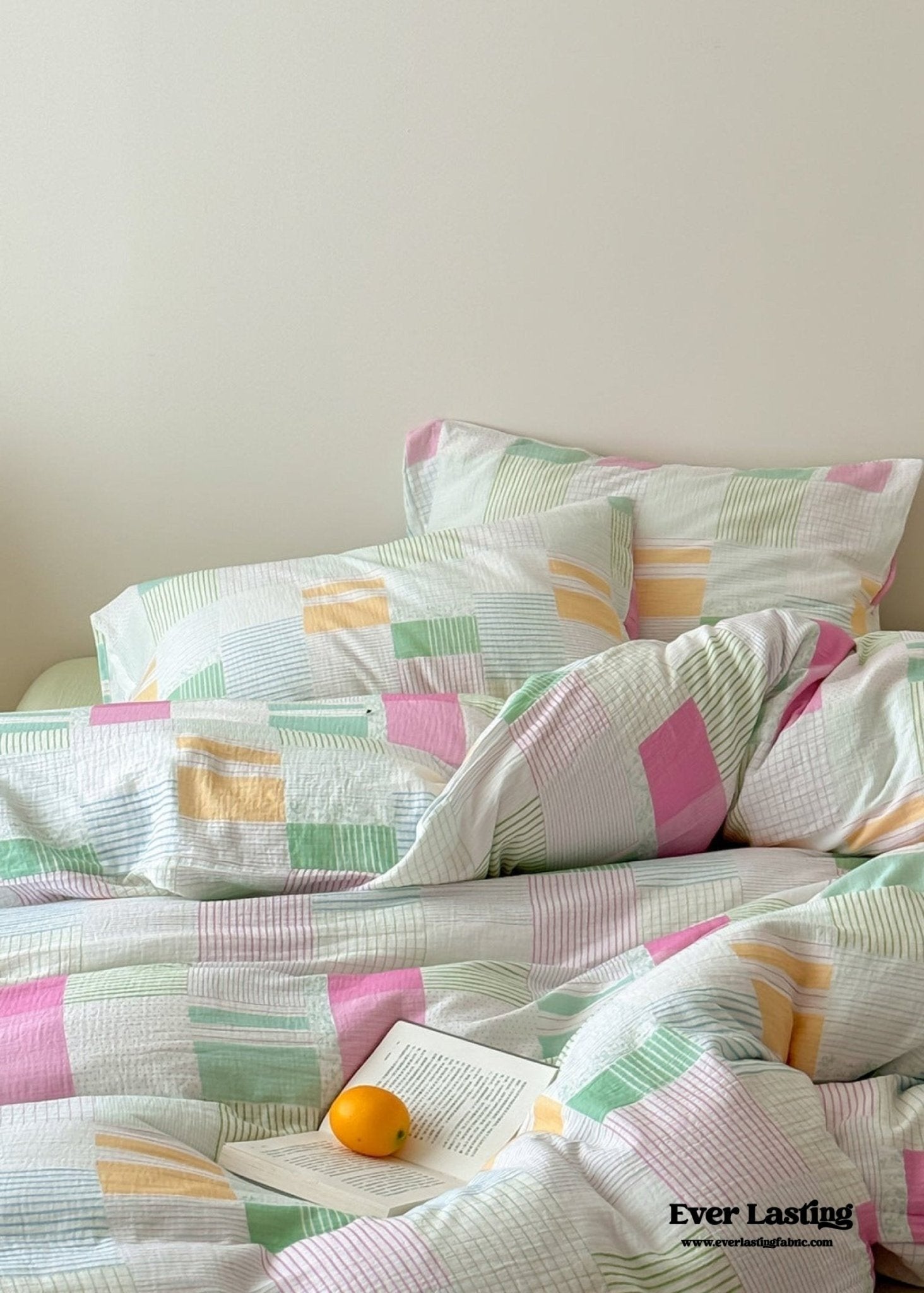 Sienna Double Gauze Gingham Patchwork Pastel Bedding Set / Guava Green - Ever Lasting