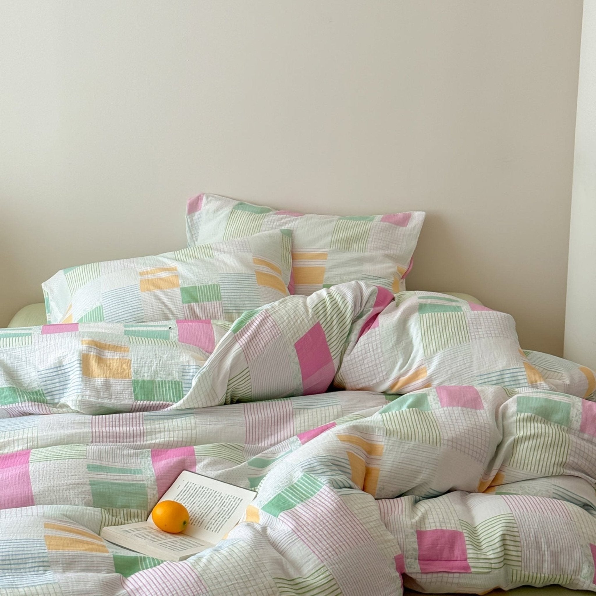 Sienna Double Gauze Gingham Patchwork Pastel Bedding Set / Guava Green - Ever Lasting