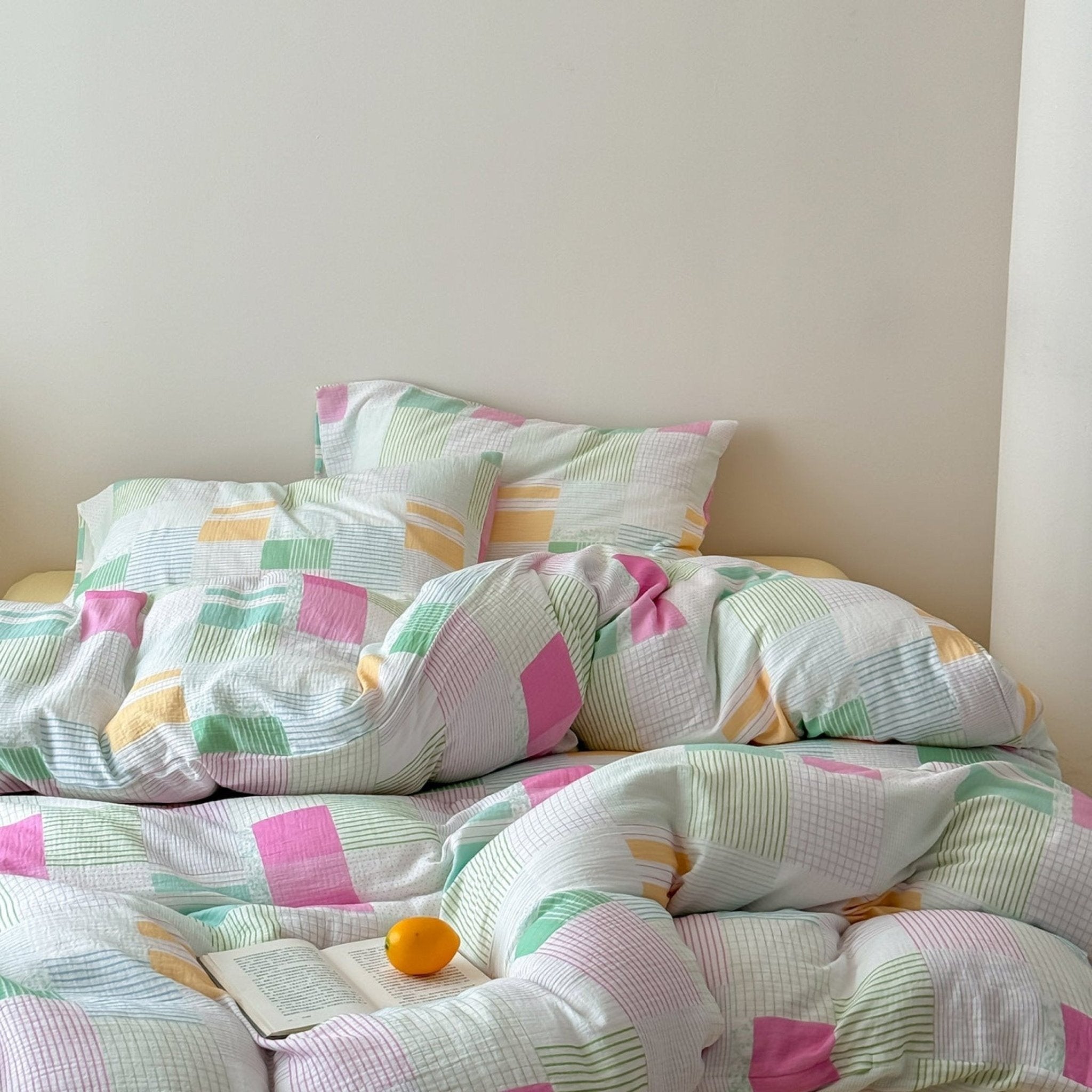 Sienna Double Gauze Gingham Patchwork Pastel Bedding Set / Guava Yellow - Ever Lasting