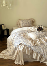 Silky Champagne Ruffle Floral Bedding Set / Blue Medium Flat