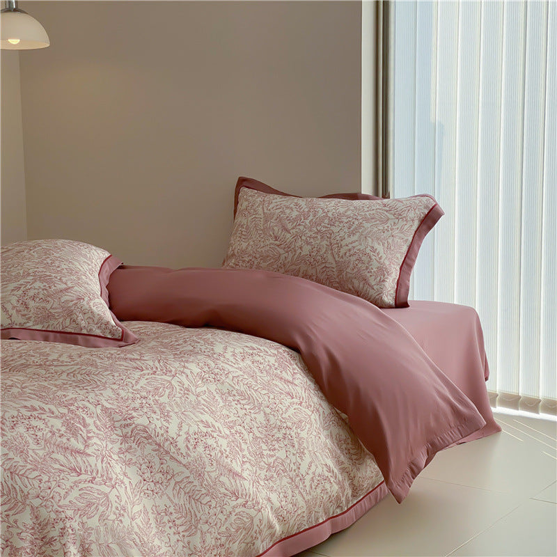 Floral Tencel Bedding Set / Green Pink Medium Flat