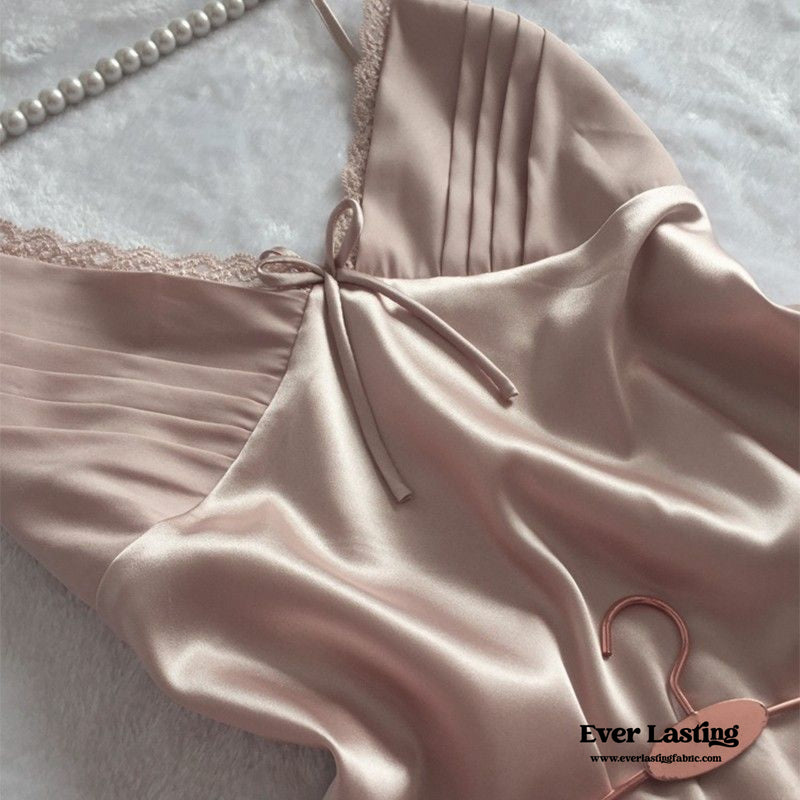 Silky Lace Ribbon Pajama Set / Rust Pink Pajamas