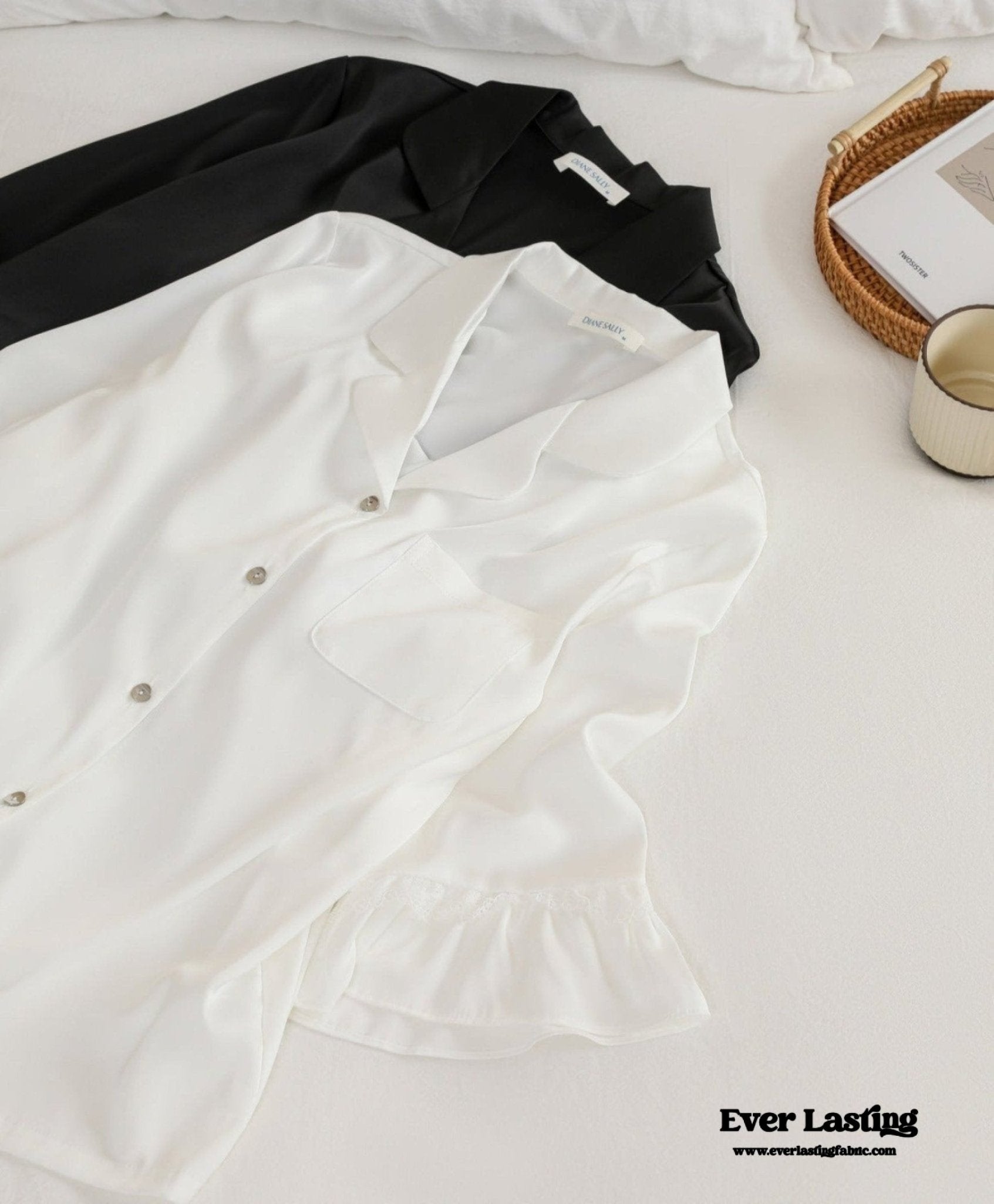 Silky Lace Ruffle Long Sleeves and Pants Pajama Set / White - Ever Lasting