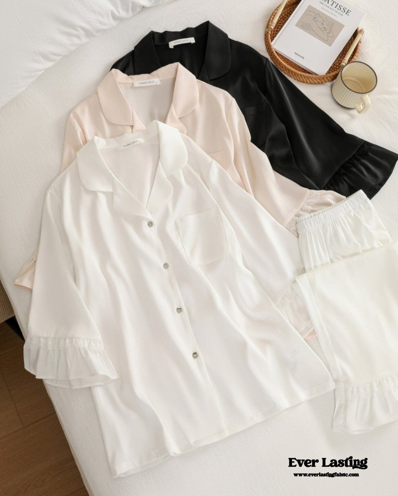 Silky Lace Ruffle Long Sleeves and Pants Pajama Set / White - Ever Lasting