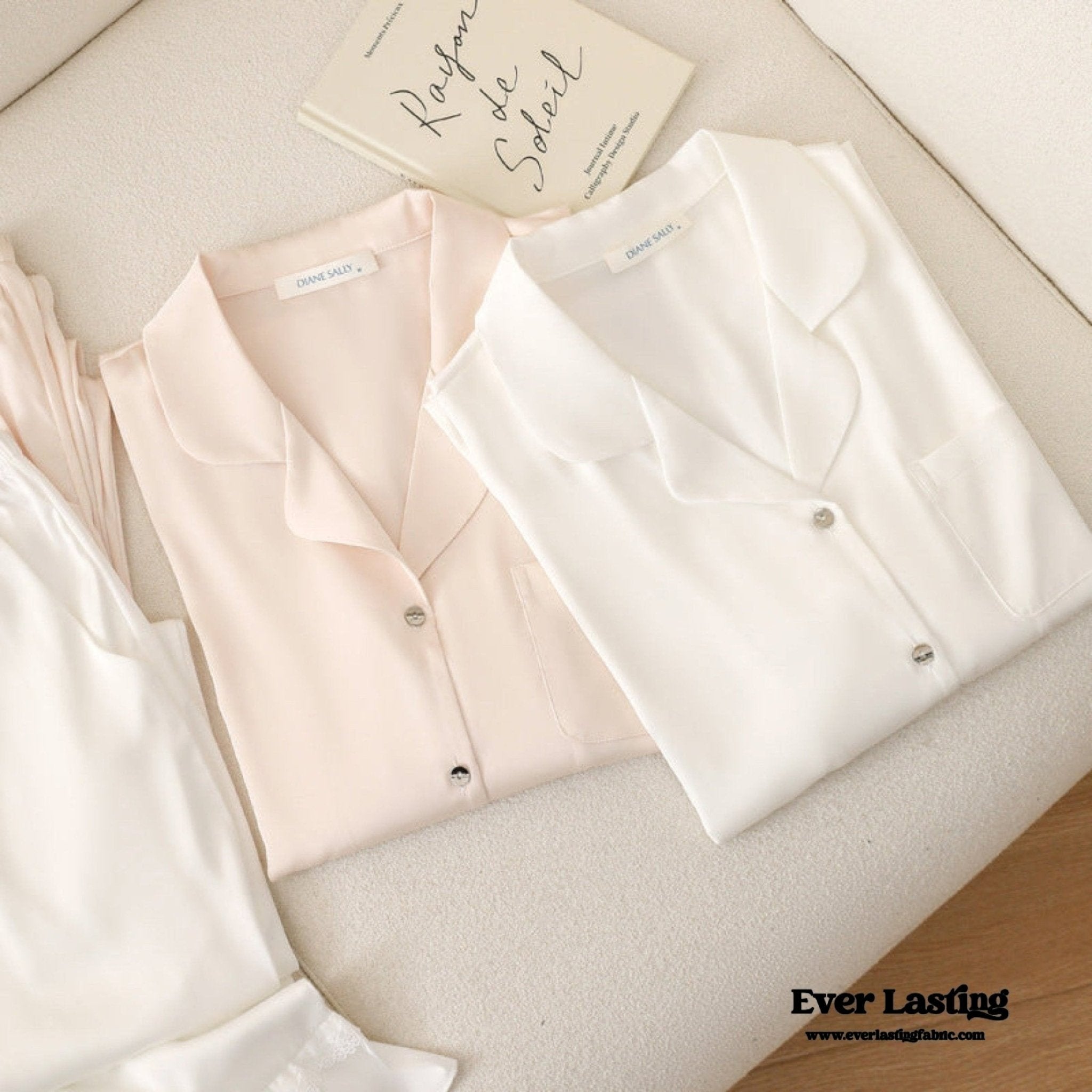 Silky Lace Ruffle Long Sleeves and Pants Pajama Set / White - Ever Lasting