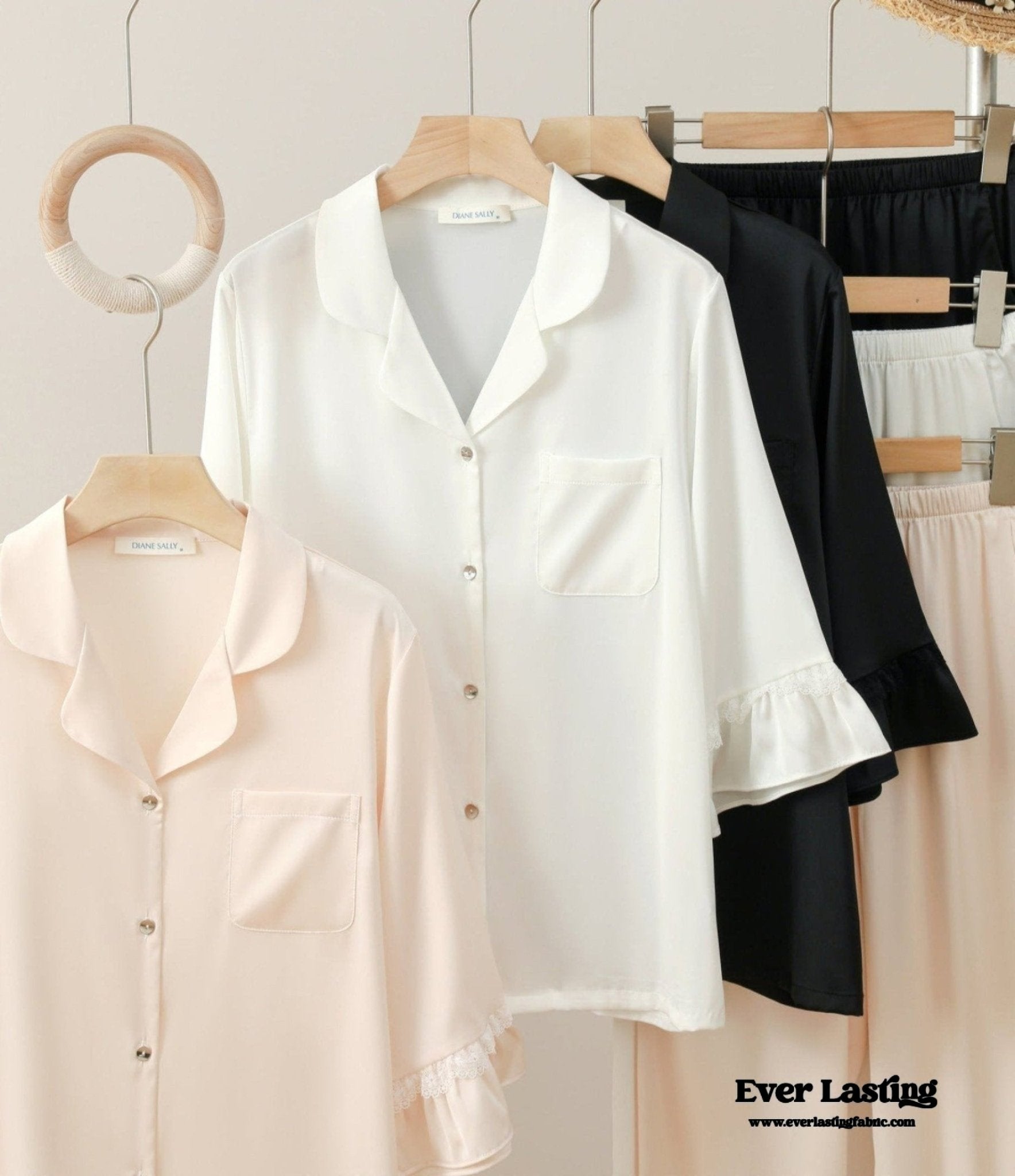 Silky Lace Ruffle Long Sleeves and Pants Pajama Set / White - Ever Lasting