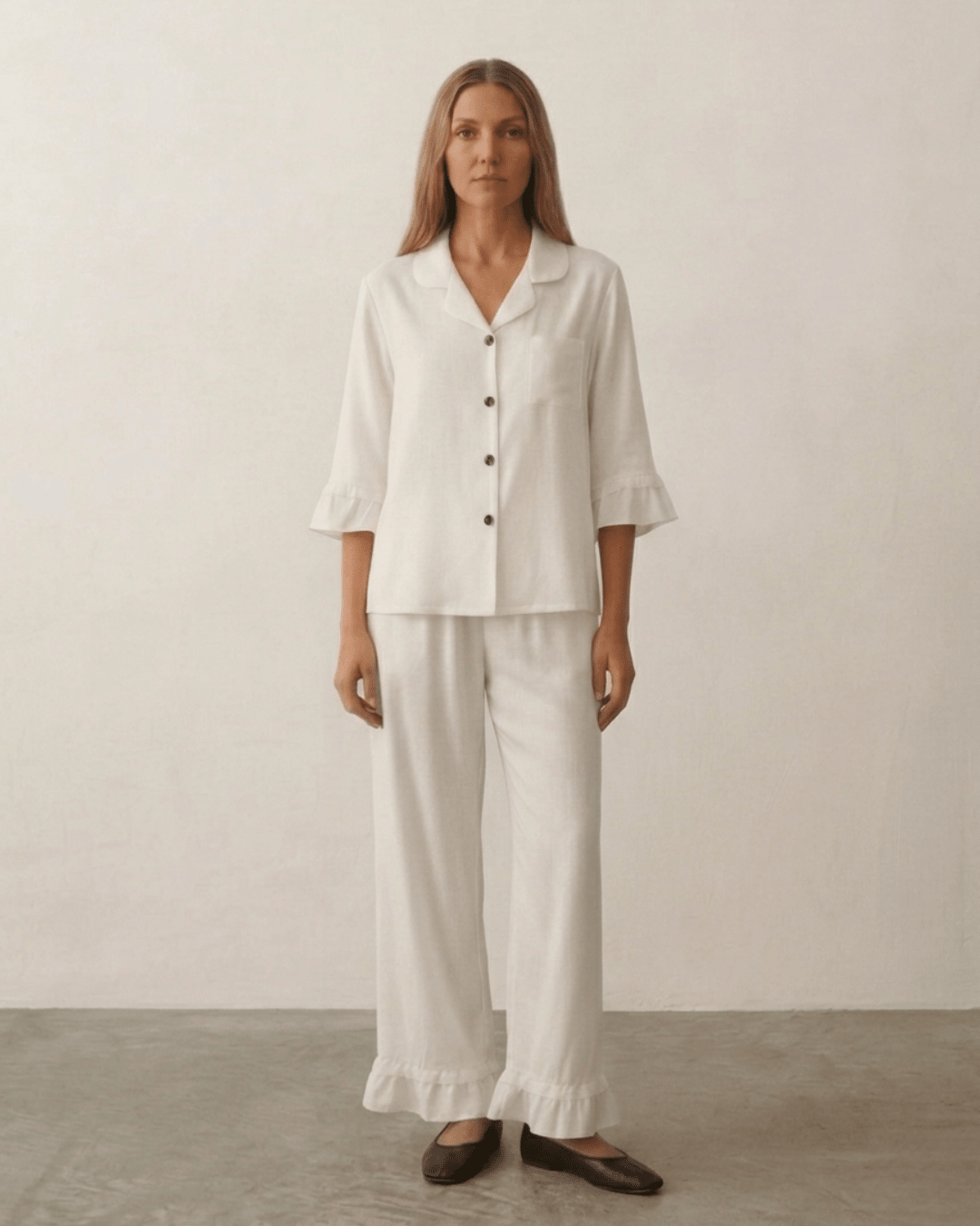  - Ever Lasting - Silky Lace Ruffle Long Sleeves and Pants Pajama Set / White - Pajamas - Ever Lasting