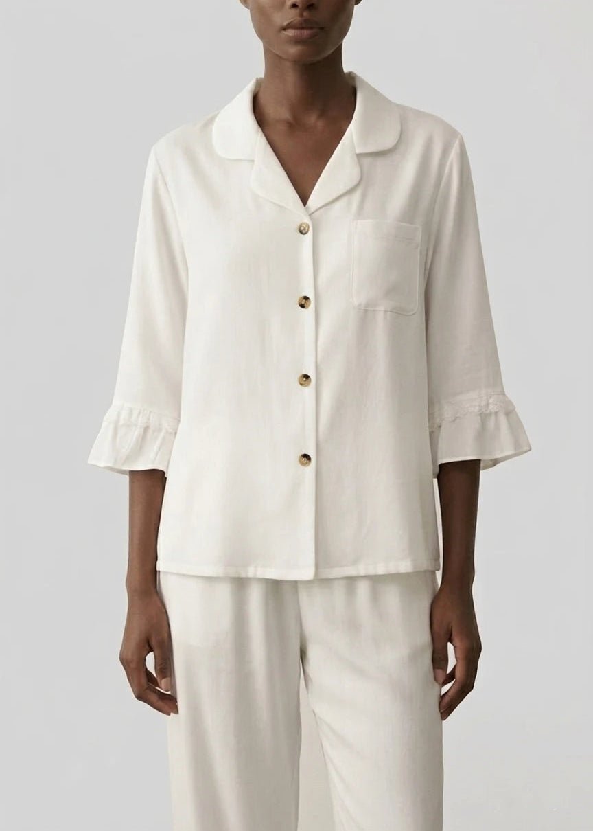  - Ever Lasting - Silky Lace Ruffle Long Sleeves and Pants Pajama Set / White - Pajamas - Ever Lasting