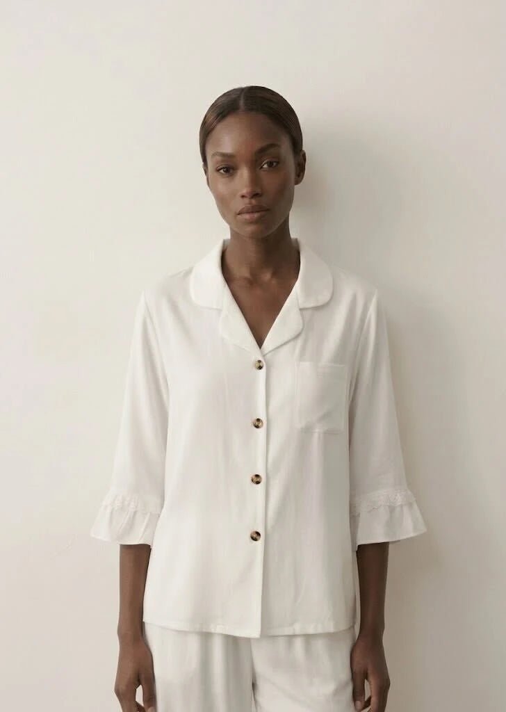  - Ever Lasting - Silky Lace Ruffle Long Sleeves and Pants Pajama Set / White - Pajamas - Ever Lasting