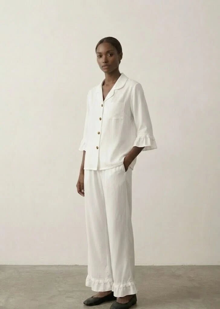 - Ever Lasting - Silky Lace Ruffle Long Sleeves and Pants Pajama Set / White - Pajamas - Ever Lasting