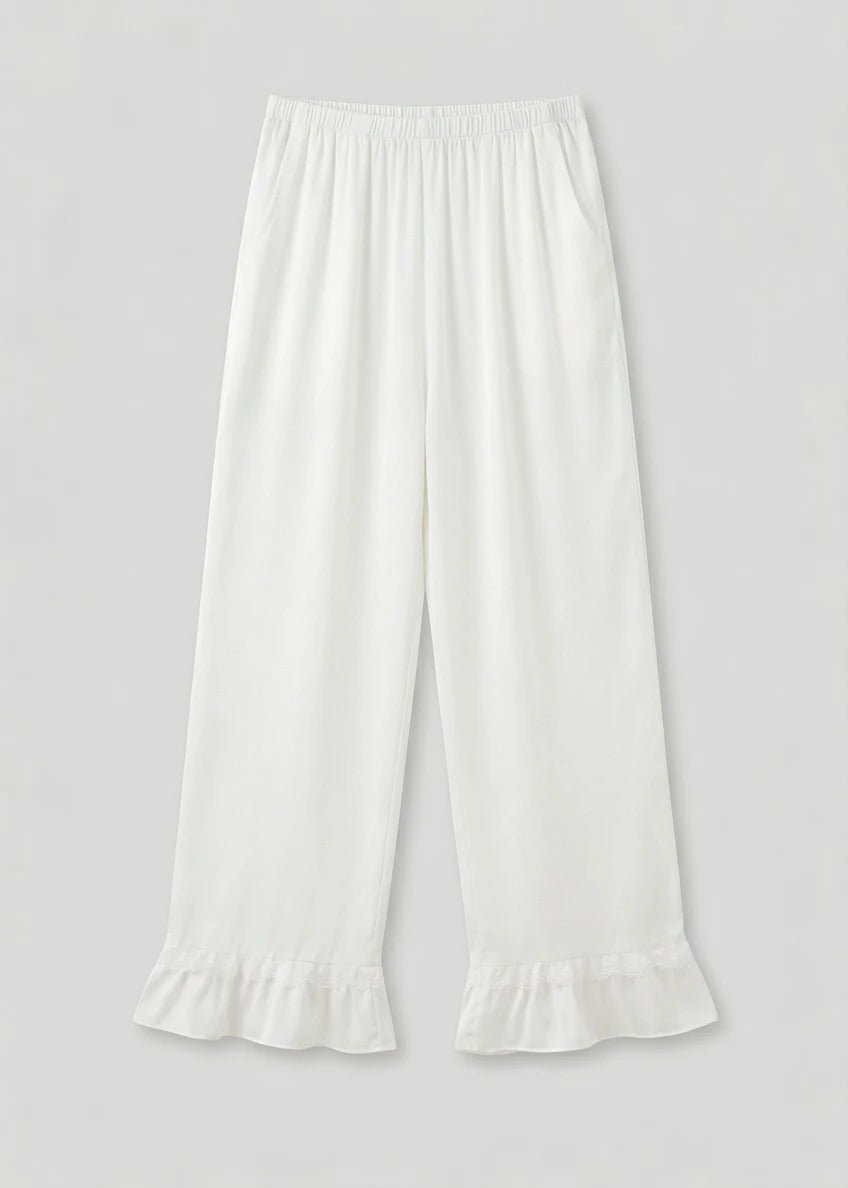  - Ever Lasting - Silky Lace Ruffle Long Sleeves and Pants Pajama Set / White - Pajamas - Ever Lasting